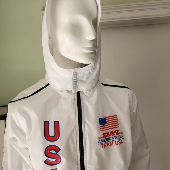 DHL America's Cup Team USA Windbreaker Jacket White Full Zip Hooded Mens L